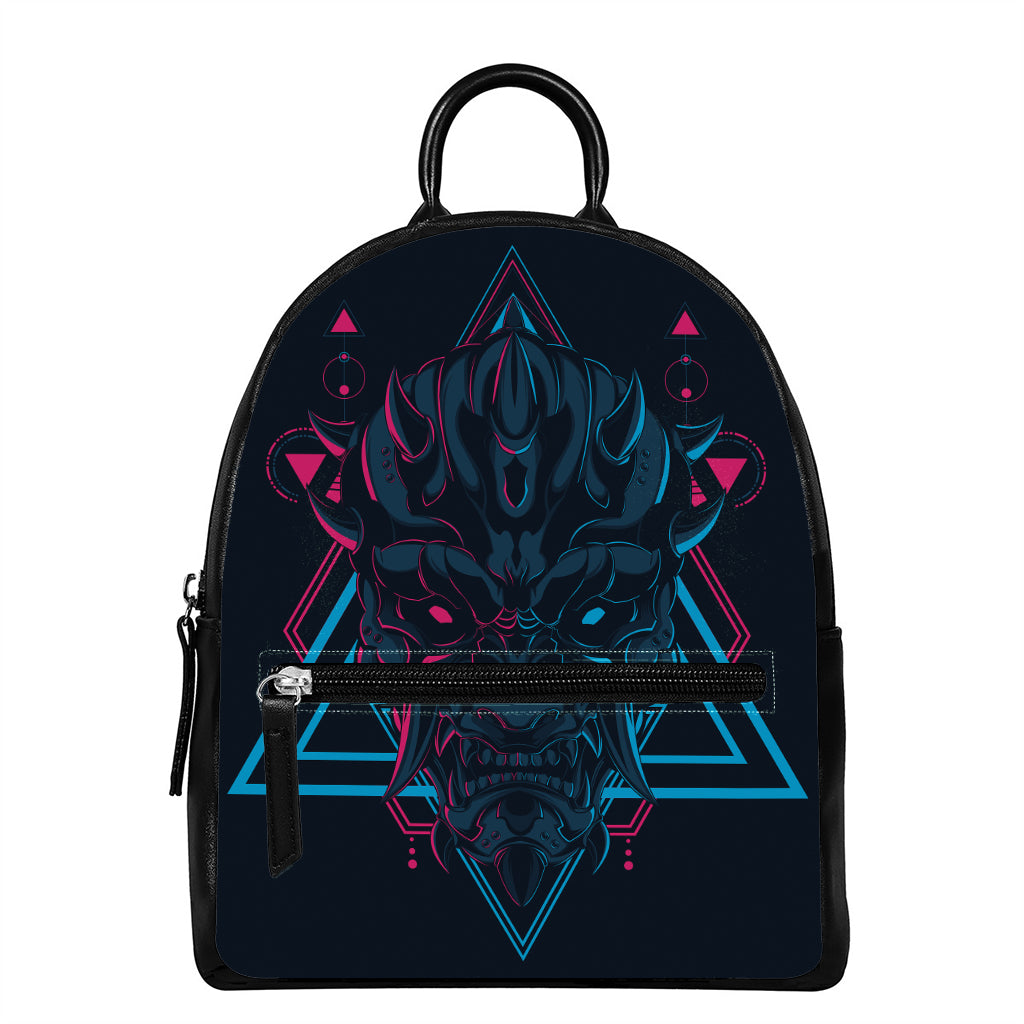 Geometric Japanese Demon Print Leather Backpack
