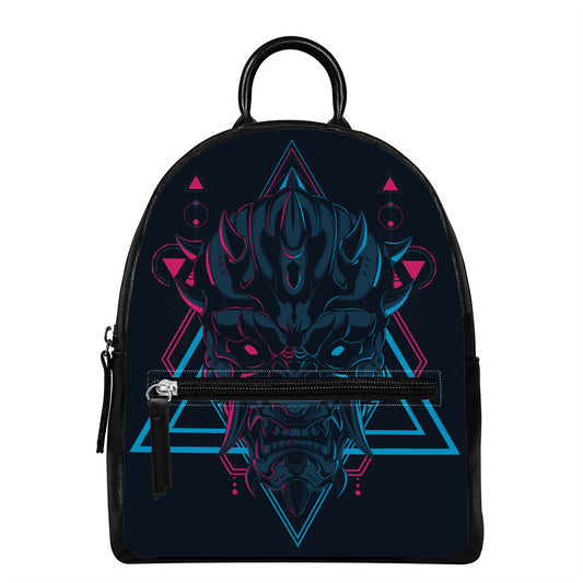Geometric Japanese Demon Print Leather Backpack