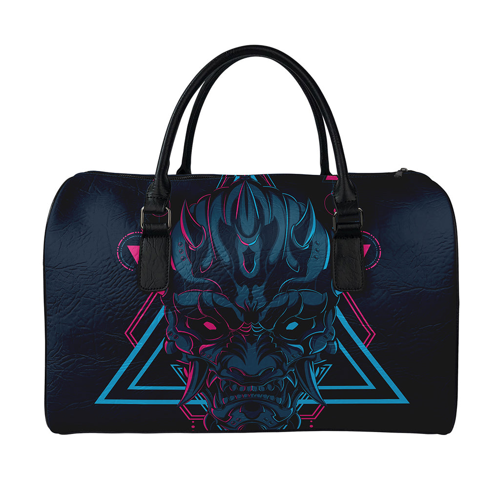 Geometric Japanese Demon Print Leather Duffle Bag