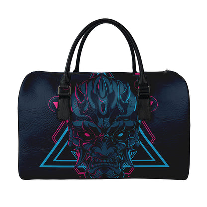 Geometric Japanese Demon Print Leather Duffle Bag