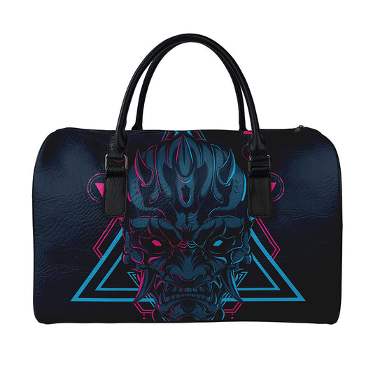 Geometric Japanese Demon Print Leather Duffle Bag