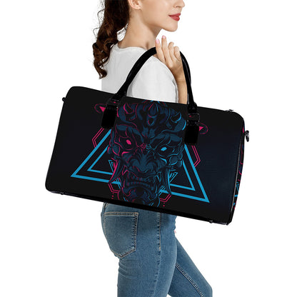 Geometric Japanese Demon Print Leather Duffle Bag