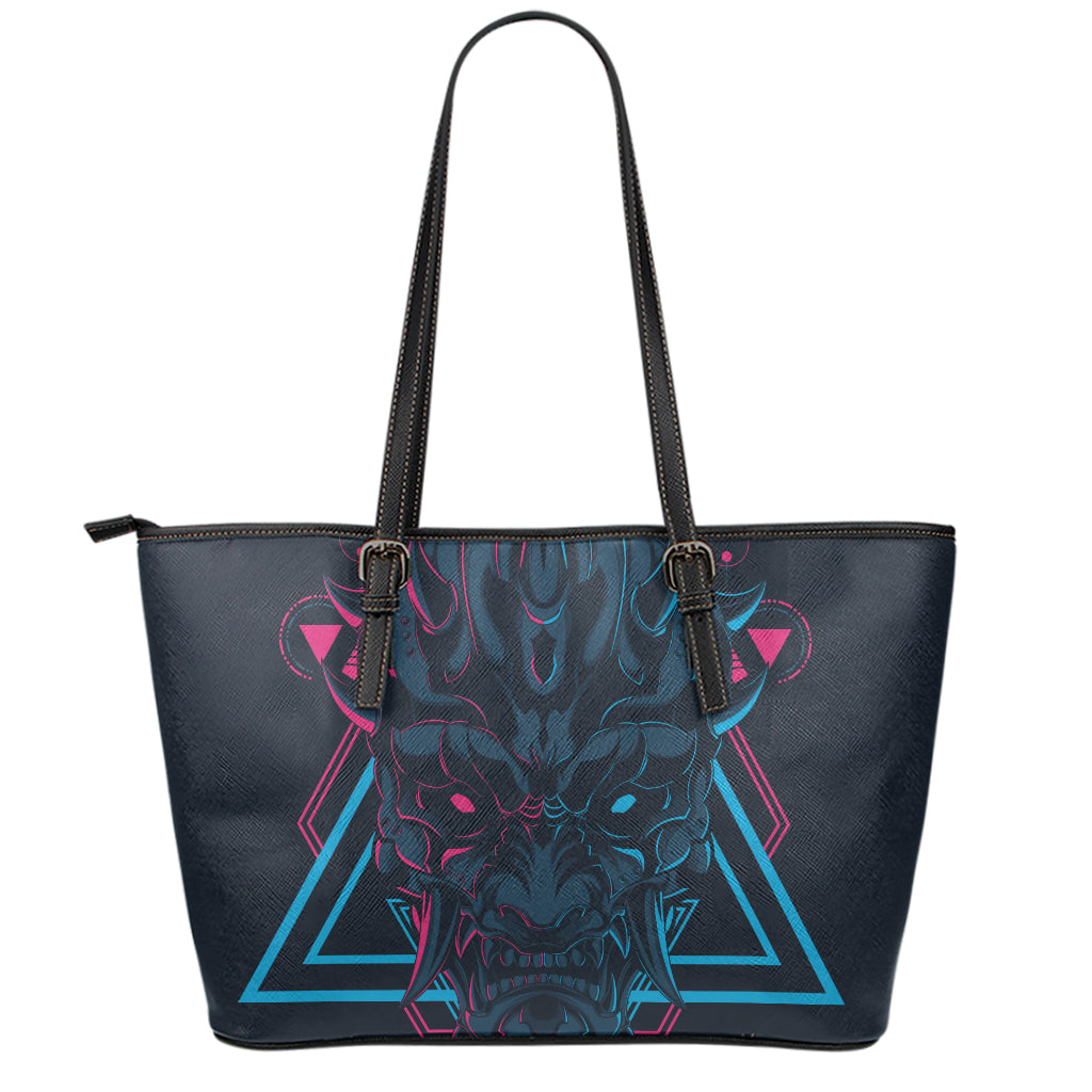 Geometric Japanese Demon Print Leather Tote Bag