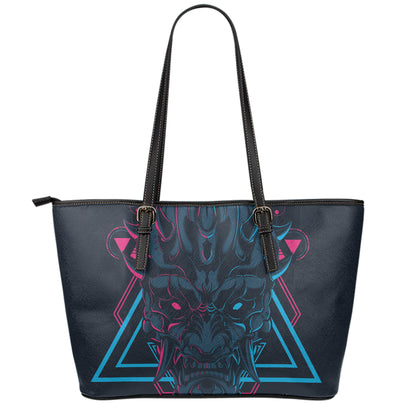 Geometric Japanese Demon Print Leather Tote Bag