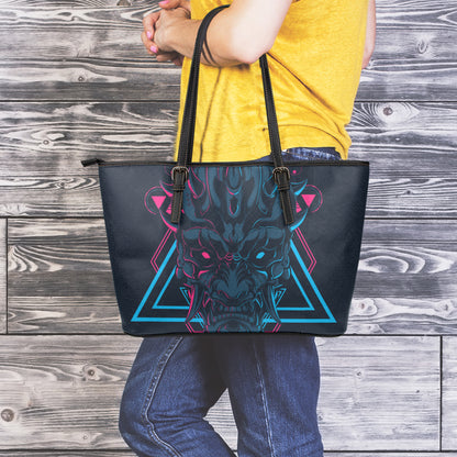 Geometric Japanese Demon Print Leather Tote Bag