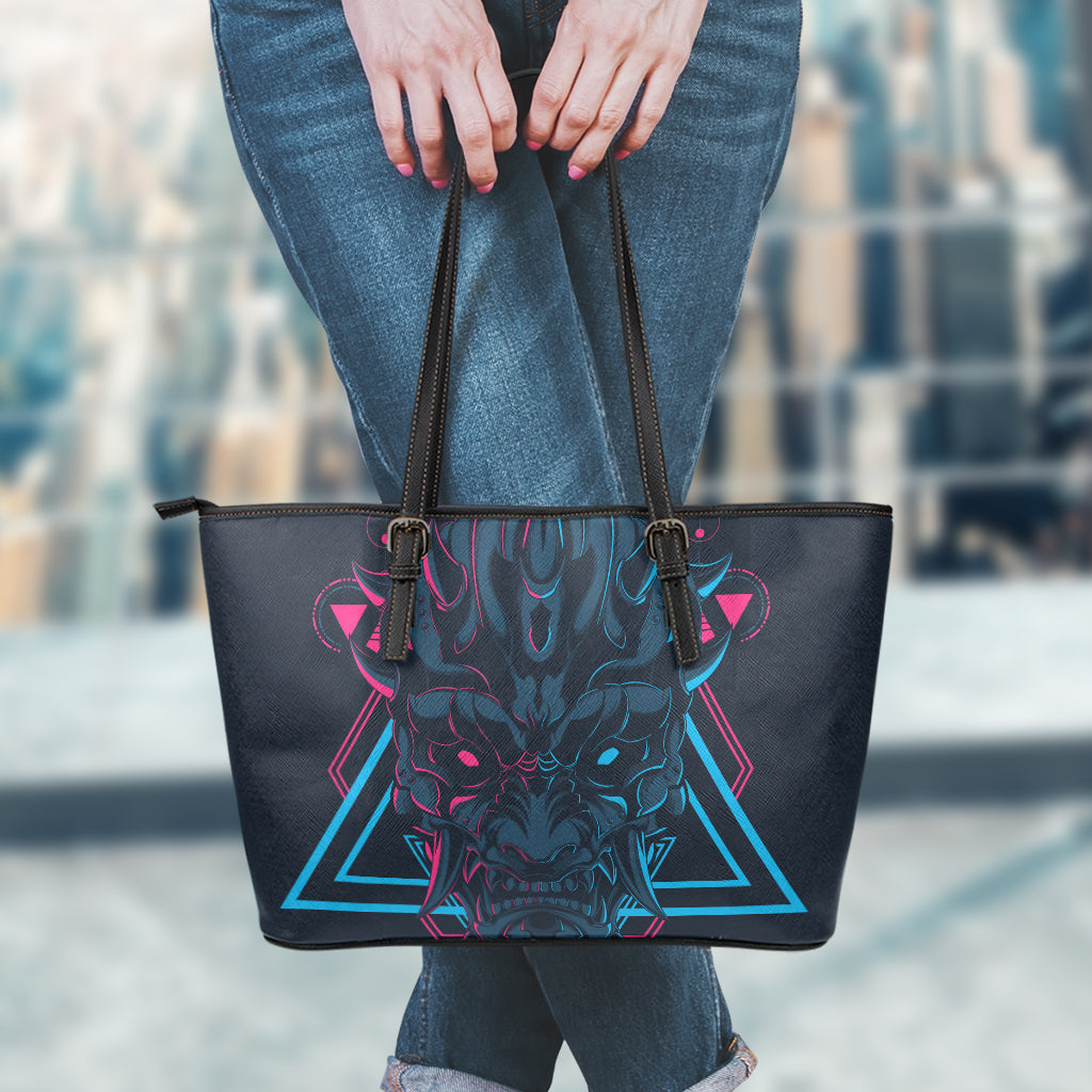Geometric Japanese Demon Print Leather Tote Bag