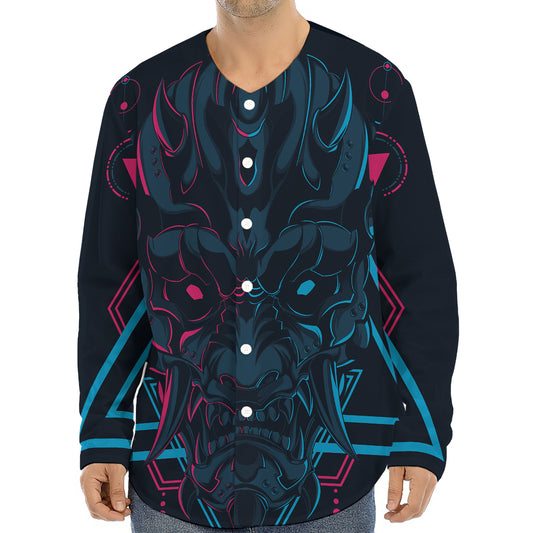 Geometric Japanese Demon Print Long Sleeve Baseball Jersey