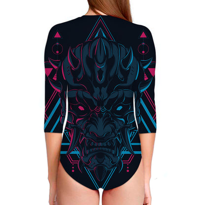 Geometric Japanese Demon Print Long Sleeve Swimsuit