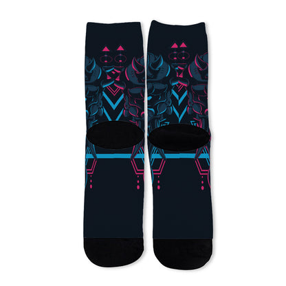 Geometric Japanese Demon Print Long Socks