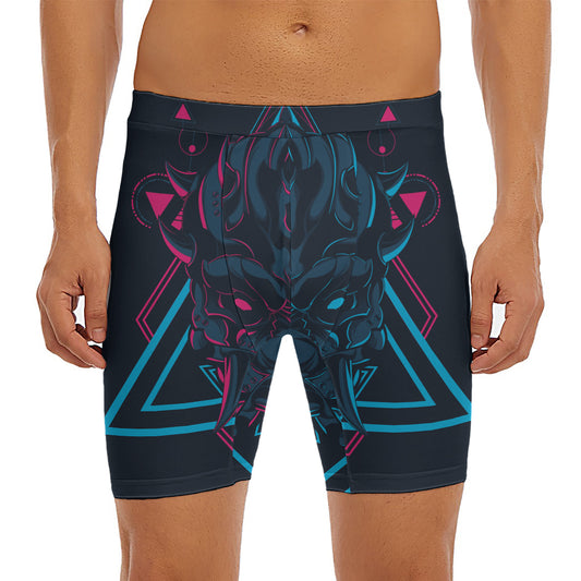 Geometric Japanese Demon Print Men's Long Boxer Briefs