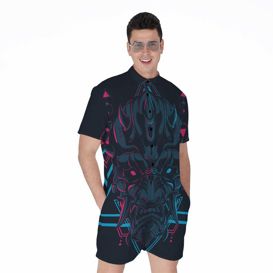 Geometric Japanese Demon Print Men's Rompers