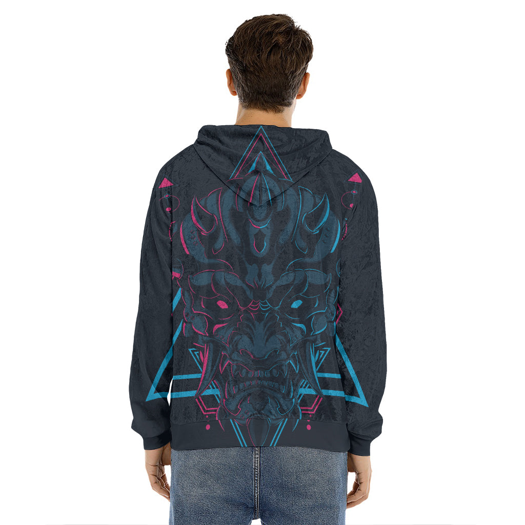 Geometric Japanese Demon Print Men's Velvet Pullover Hoodie