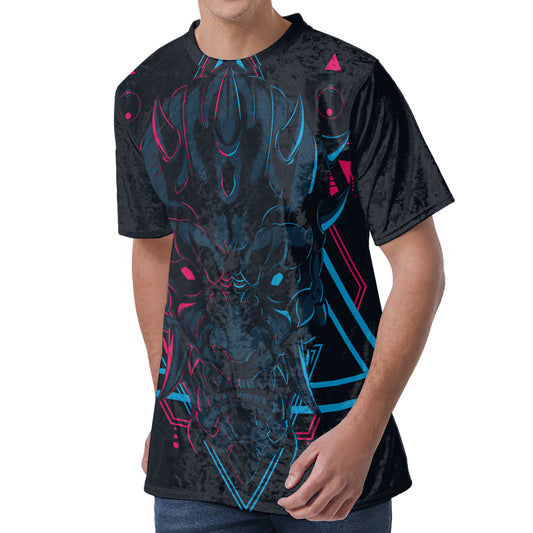 Geometric Japanese Demon Print Men's Velvet T-Shirt