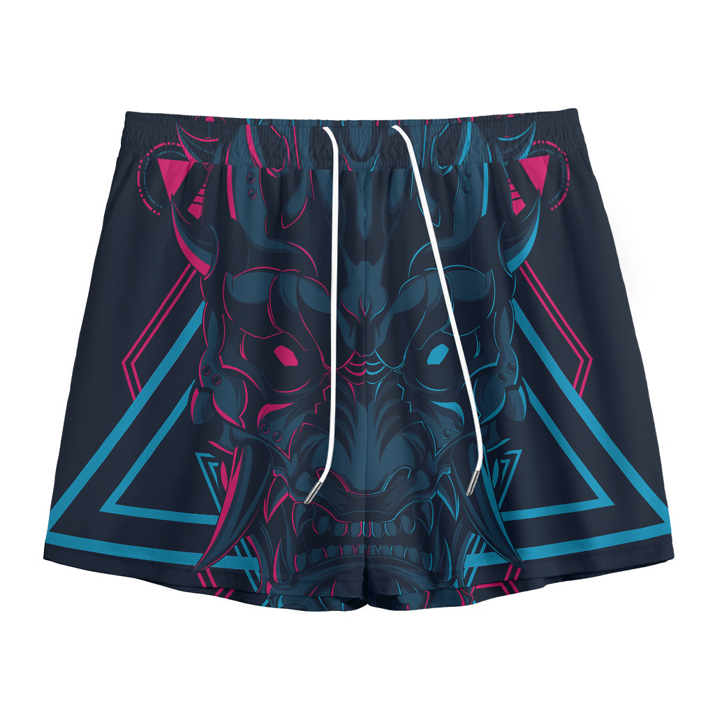 Geometric Japanese Demon Print Mesh Shorts