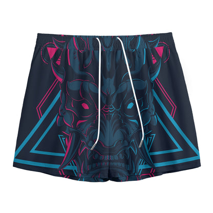 Geometric Japanese Demon Print Mesh Shorts