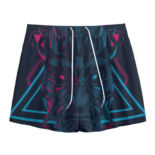 Geometric Japanese Demon Print Mesh Shorts