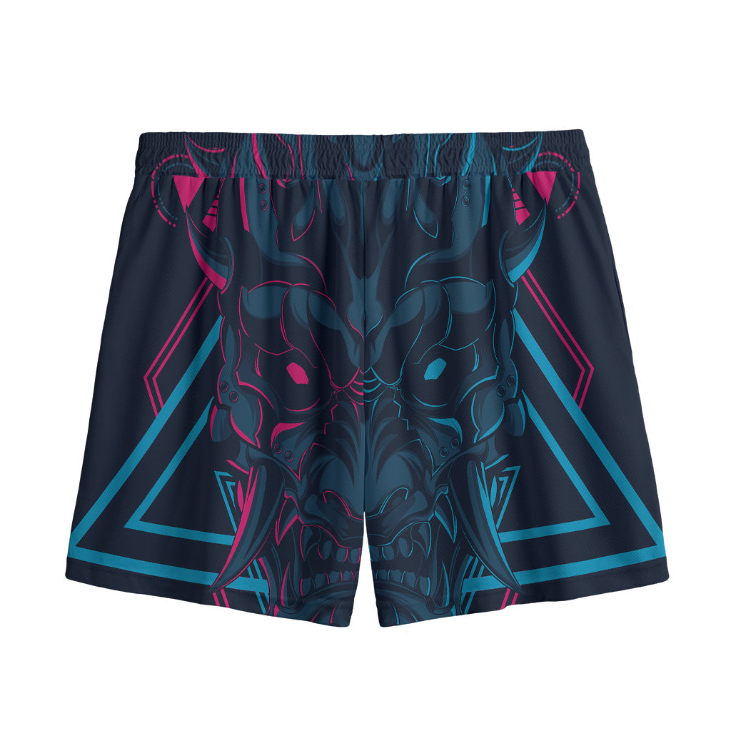 Geometric Japanese Demon Print Mesh Shorts