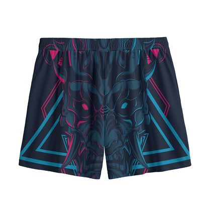 Geometric Japanese Demon Print Mesh Shorts