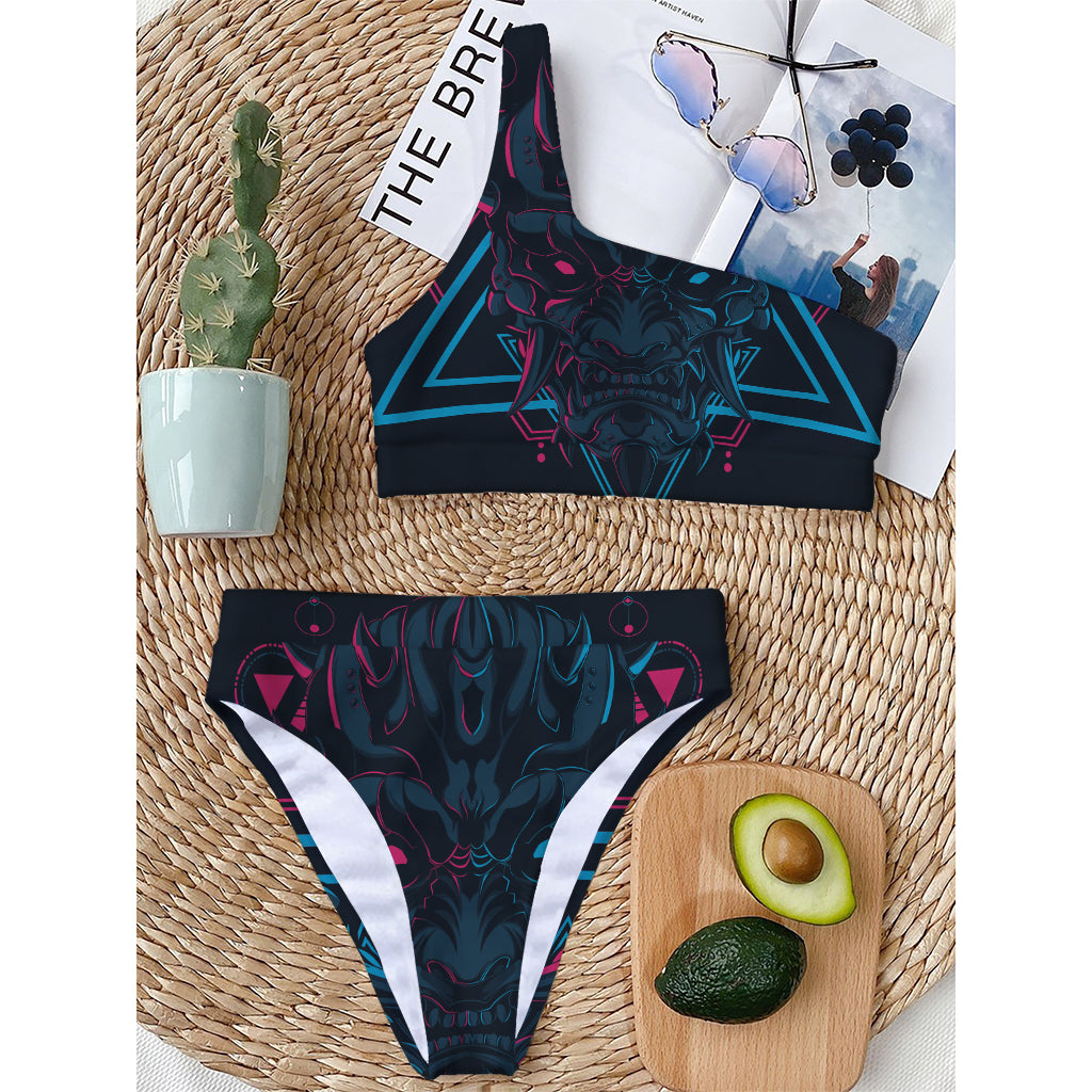 Geometric Japanese Demon Print One Shoulder Bikini Top