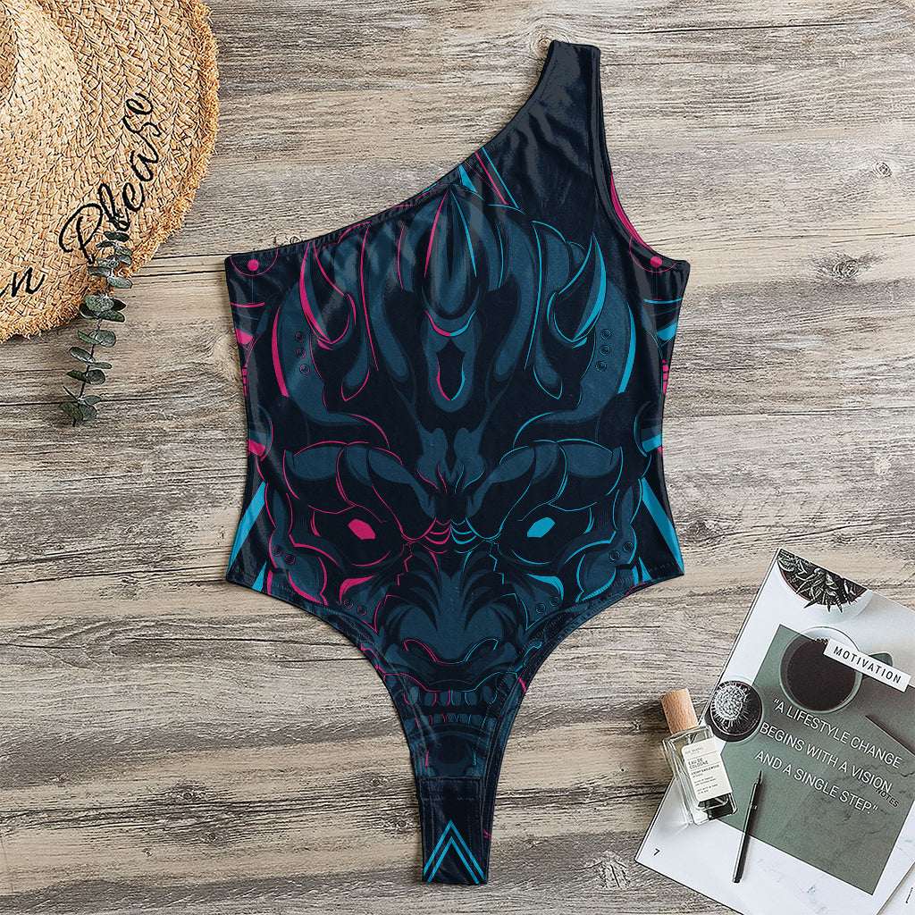Geometric Japanese Demon Print One Shoulder Bodysuit
