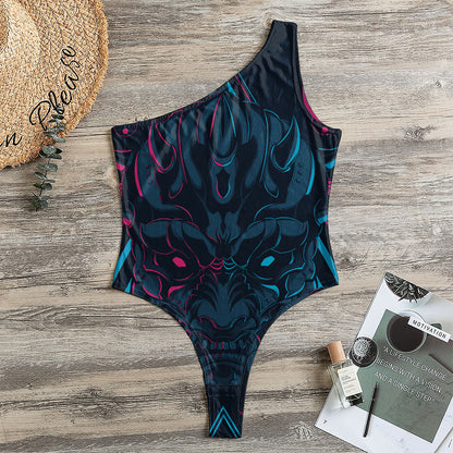 Geometric Japanese Demon Print One Shoulder Bodysuit