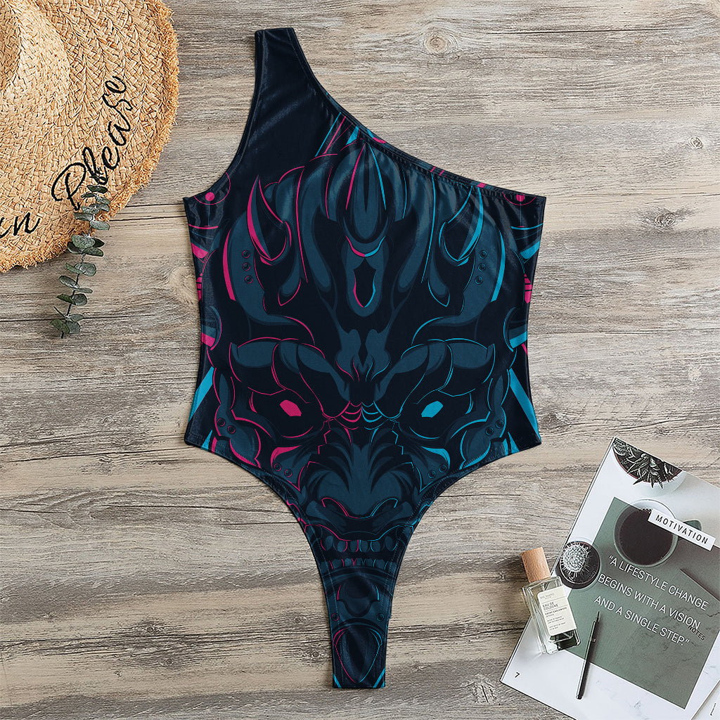 Geometric Japanese Demon Print One Shoulder Bodysuit