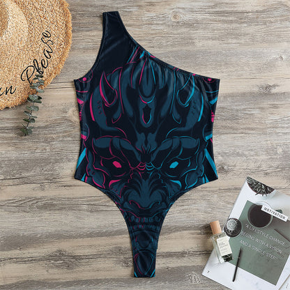 Geometric Japanese Demon Print One Shoulder Bodysuit
