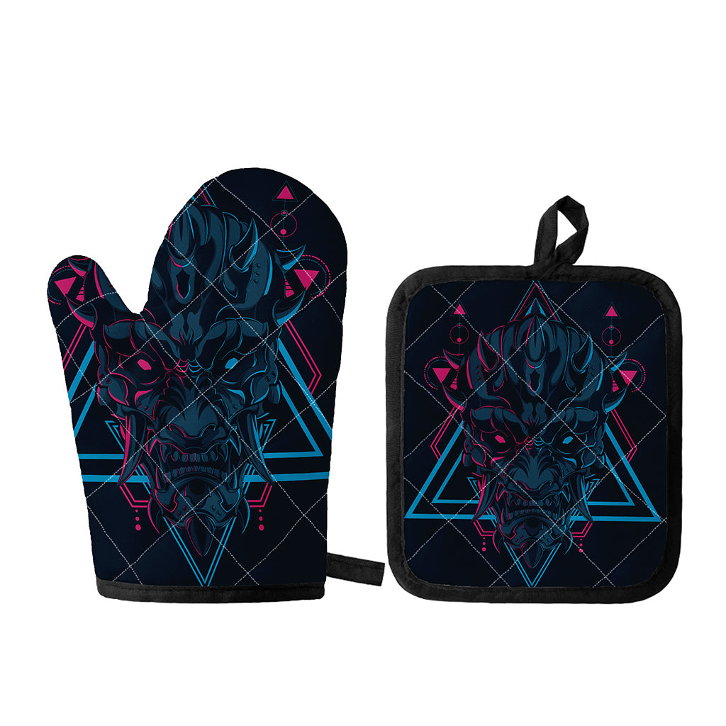 Geometric Japanese Demon Print Oven Mitt And Pot Holder Set