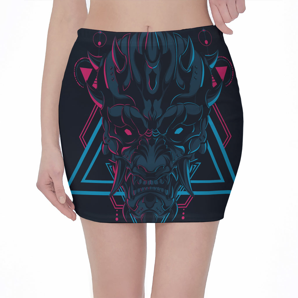 Geometric Japanese Demon Print Pencil Mini Skirt