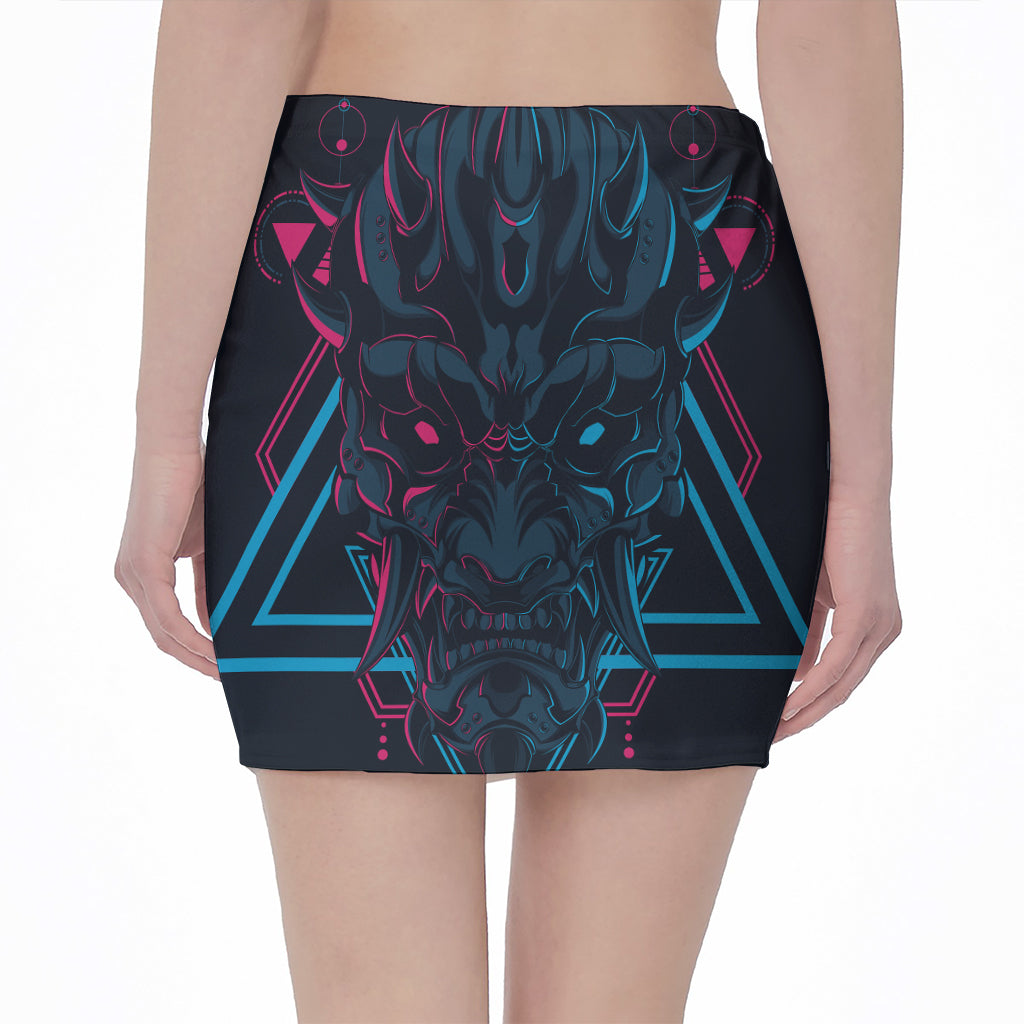 Geometric Japanese Demon Print Pencil Mini Skirt