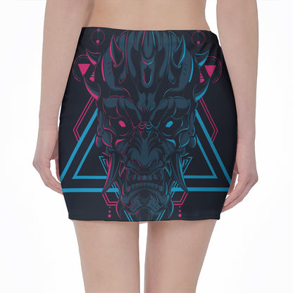 Geometric Japanese Demon Print Pencil Mini Skirt
