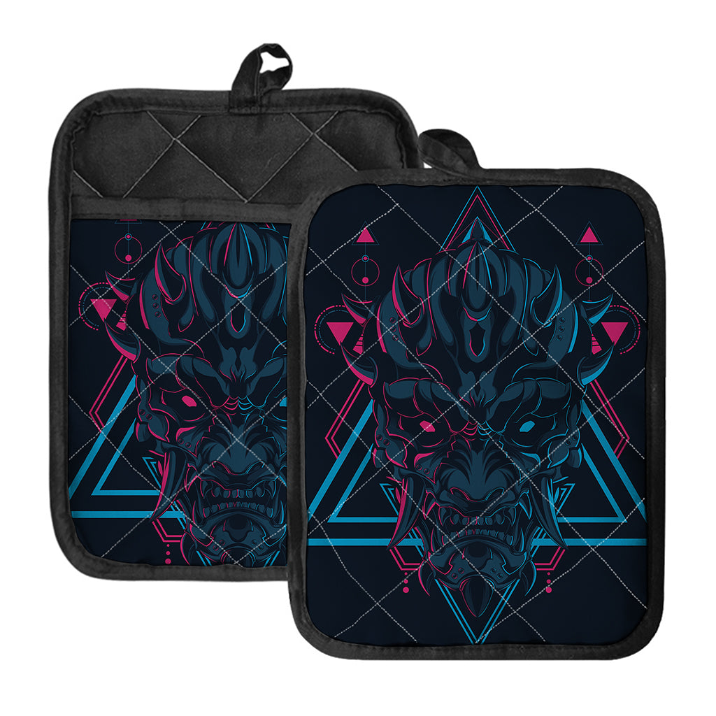Geometric Japanese Demon Print Pot Holders With Pocket