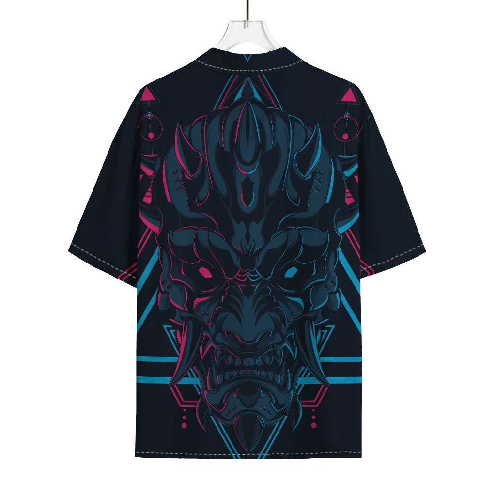 Geometric Japanese Demon Print Rayon Hawaiian Shirt
