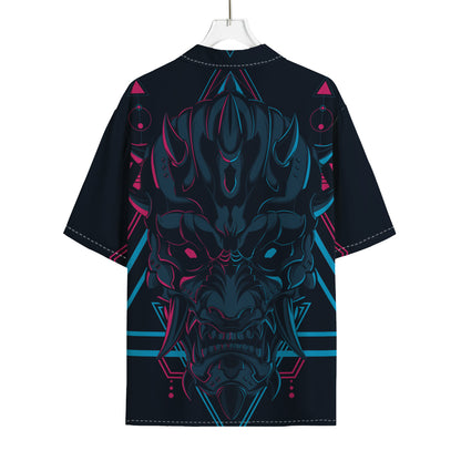 Geometric Japanese Demon Print Rayon Hawaiian Shirt