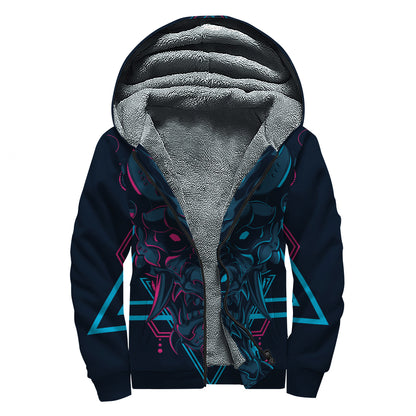 Geometric Japanese Demon Print Sherpa Lined Zip Up Hoodie