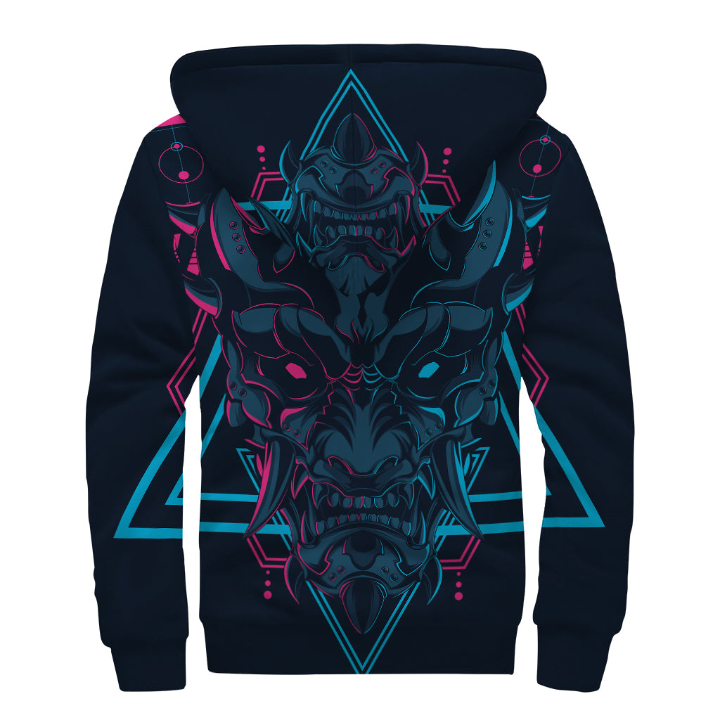 Geometric Japanese Demon Print Sherpa Lined Zip Up Hoodie