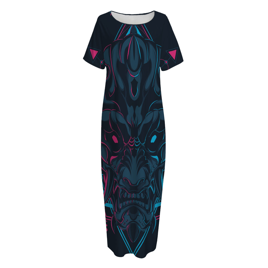Geometric Japanese Demon Print Short Sleeve Long Nightdress