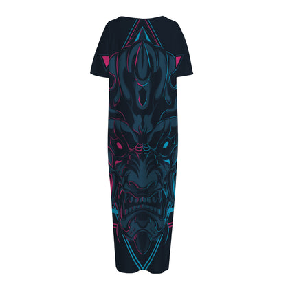 Geometric Japanese Demon Print Short Sleeve Long Nightdress
