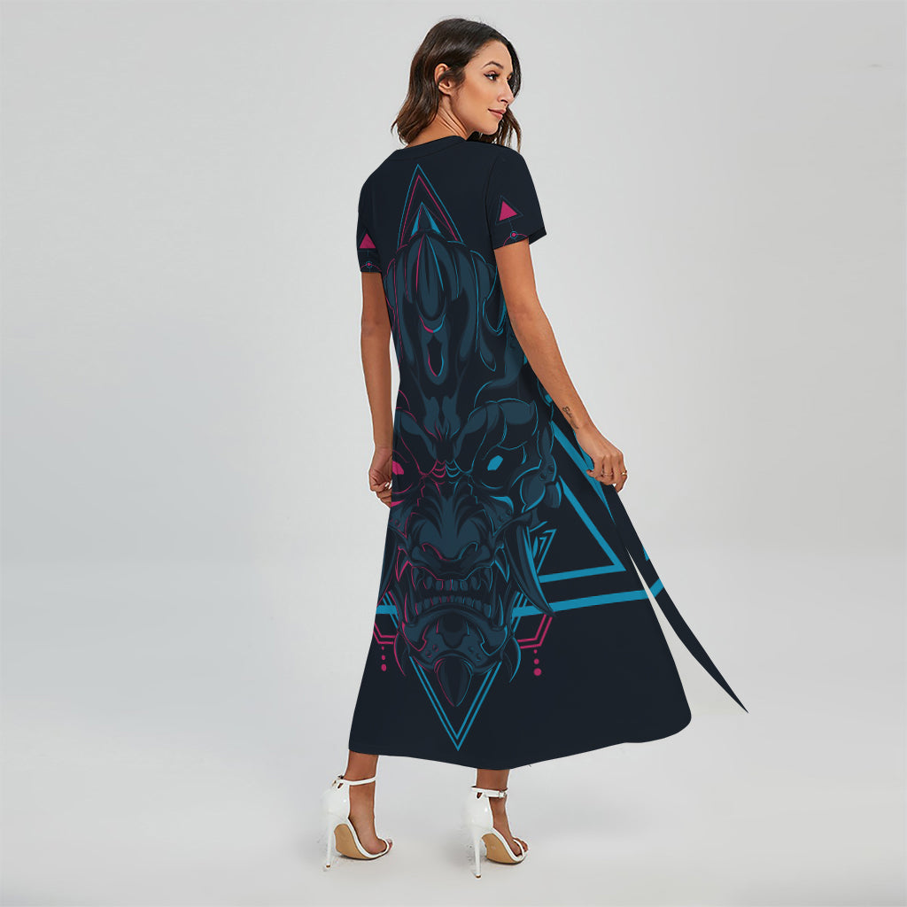 Geometric Japanese Demon Print Short Sleeve Maxi Dress