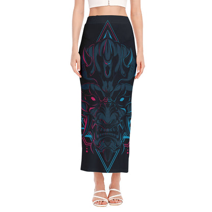 Geometric Japanese Demon Print Side Slit Maxi Skirt