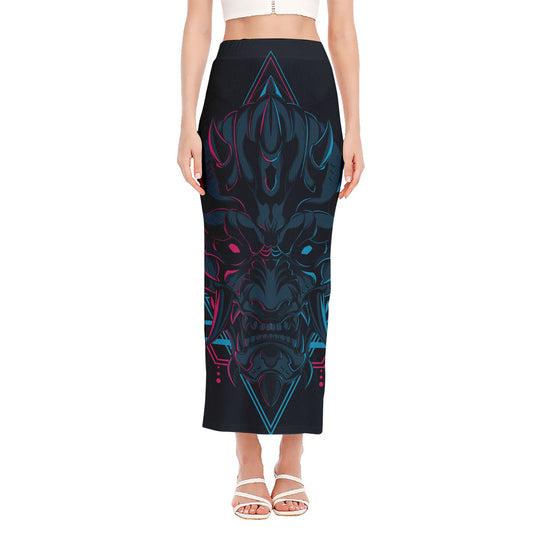 Geometric Japanese Demon Print Side Slit Maxi Skirt