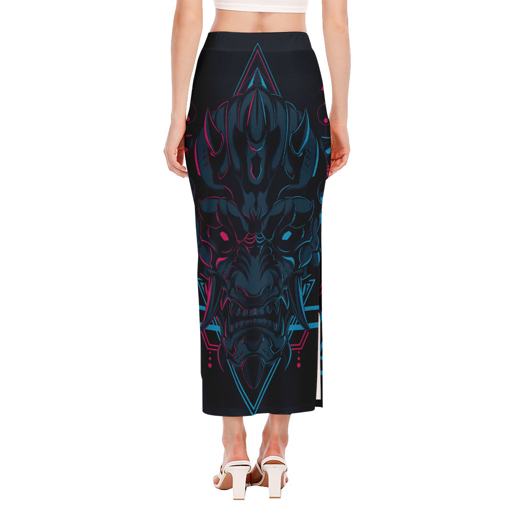 Geometric Japanese Demon Print Side Slit Maxi Skirt