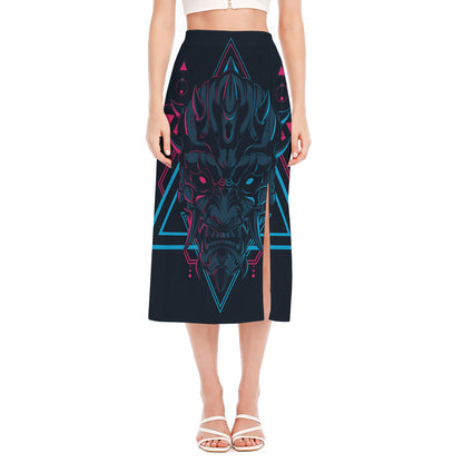 Geometric Japanese Demon Print Side Slit Midi Skirt