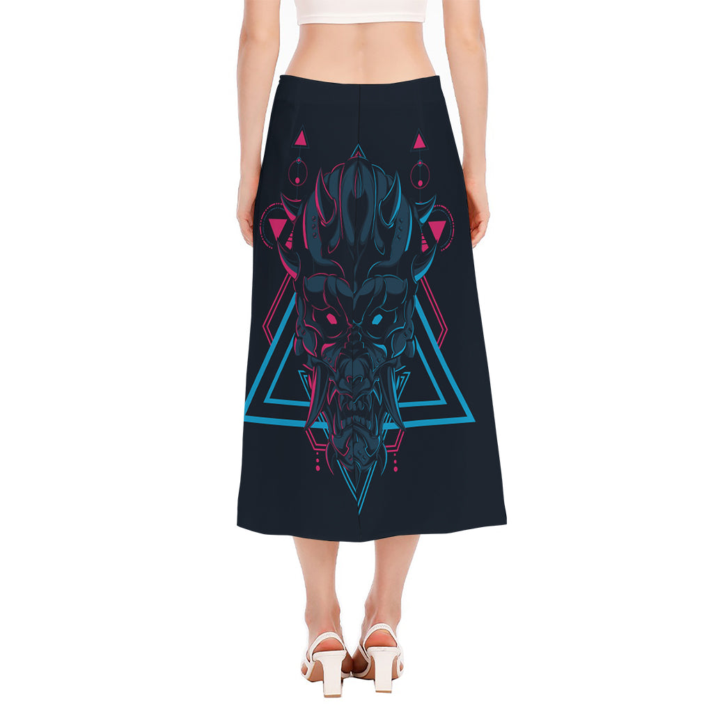 Geometric Japanese Demon Print Side Slit Midi Skirt