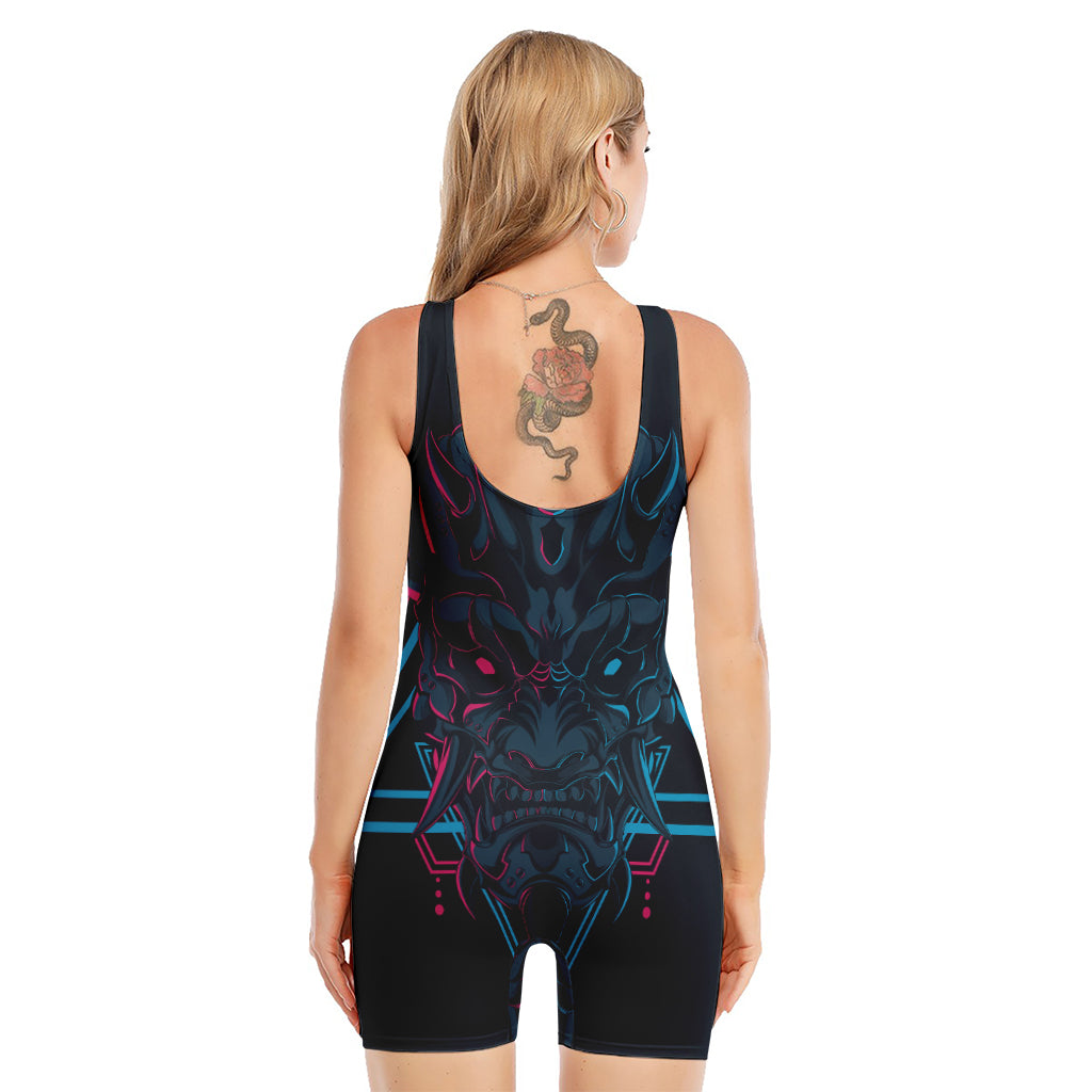 Geometric Japanese Demon Print Sleeveless One Piece Swimsuit