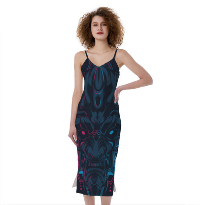 Geometric Japanese Demon Print Slim Fit Midi Cami Dress