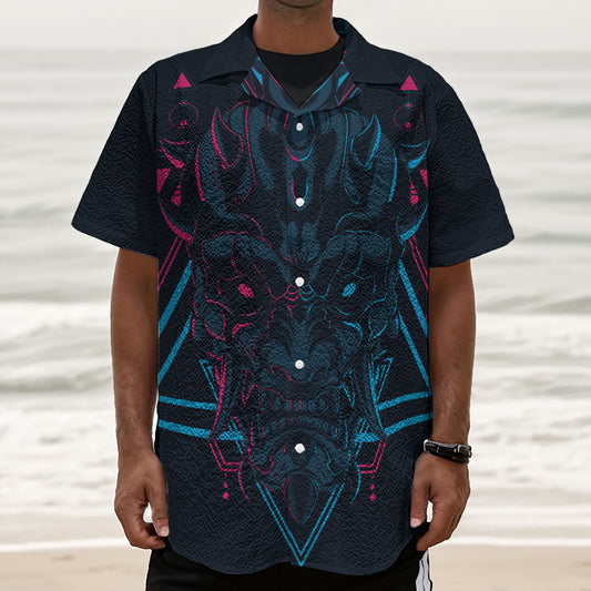 Geometric Japanese Demon Print Textured Short Sleeve Shirt