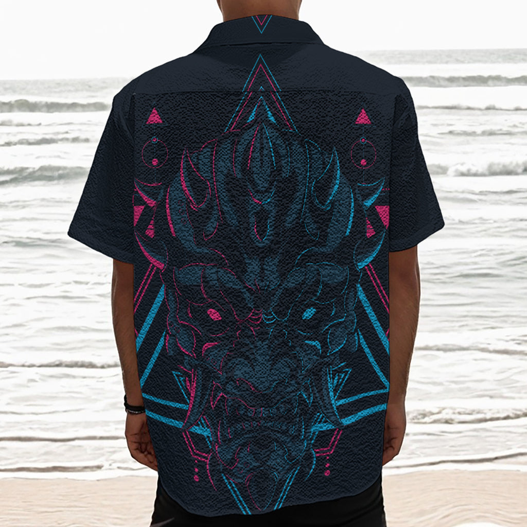 Geometric Japanese Demon Print Textured Short Sleeve Shirt