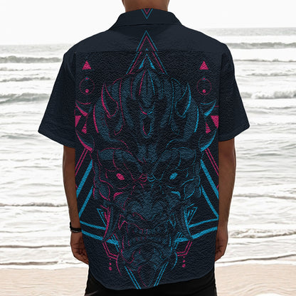 Geometric Japanese Demon Print Textured Short Sleeve Shirt