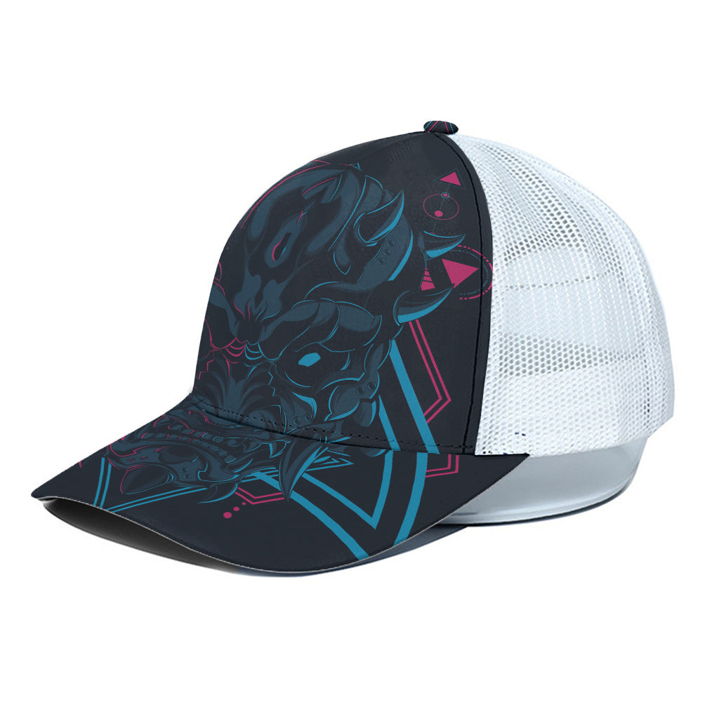 Geometric Japanese Demon Print White Mesh Trucker Cap